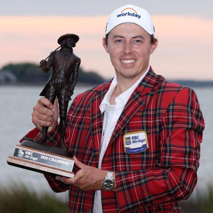 RBC Heritage Champion Matt Fitzpatrick holding the RBC Heritage champion trophy made by Malcolm DeMille